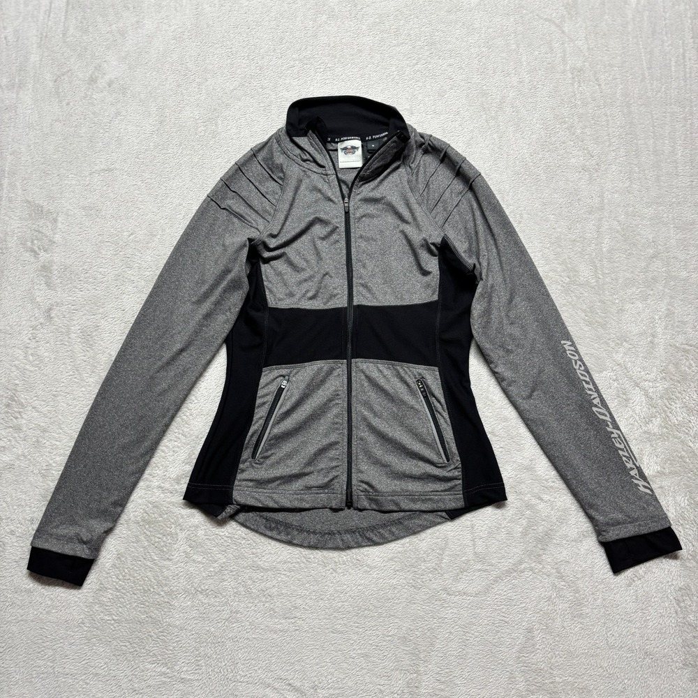 Harley Davidson Performance Jacket Womans S Gray Black Full Zip Stretch SPELLOUT